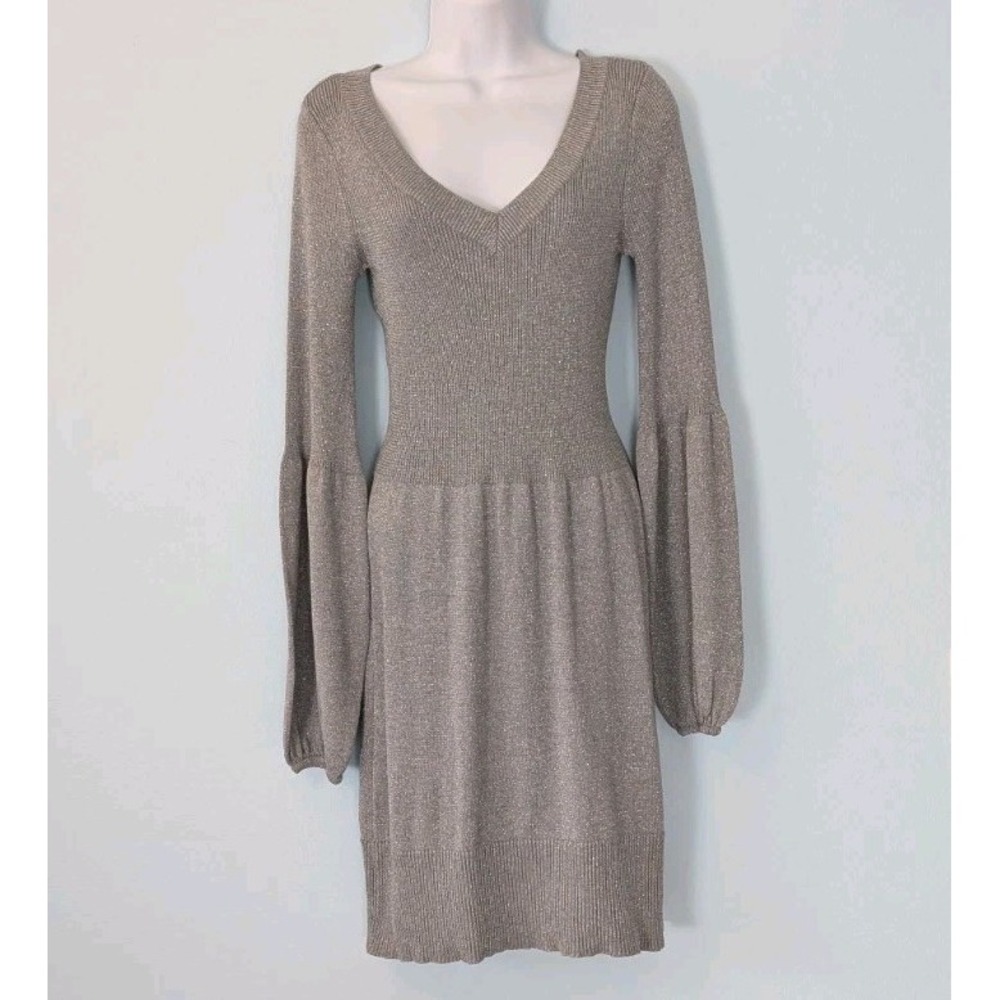 INC Silk Blend Sweater Dress Women's Large Gray Metallic Sparkle 36.5" Long